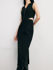 Solid Cut Out Trendy Buttoned Midi Vest Dress Black / S Dresses
