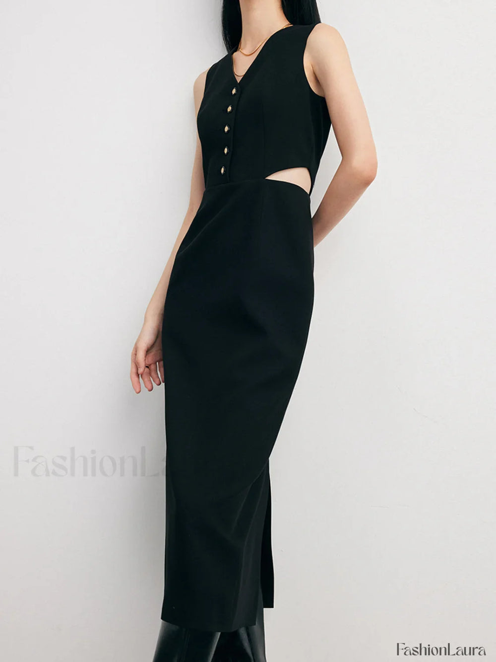 Solid Cut Out Trendy Buttoned Midi Vest Dress Black / S Dresses
