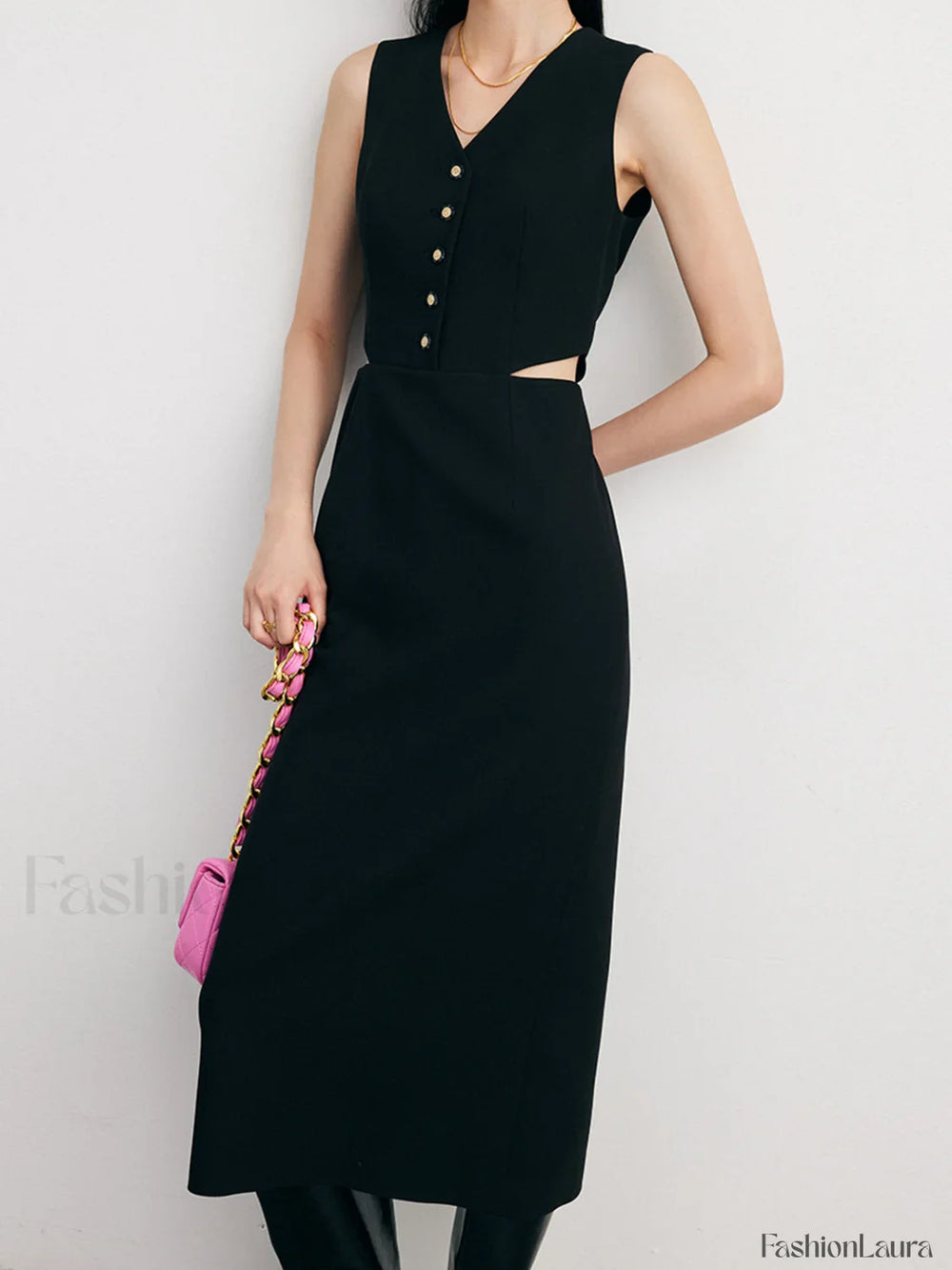 Solid Cut Out Trendy Buttoned Midi Vest Dress Dresses