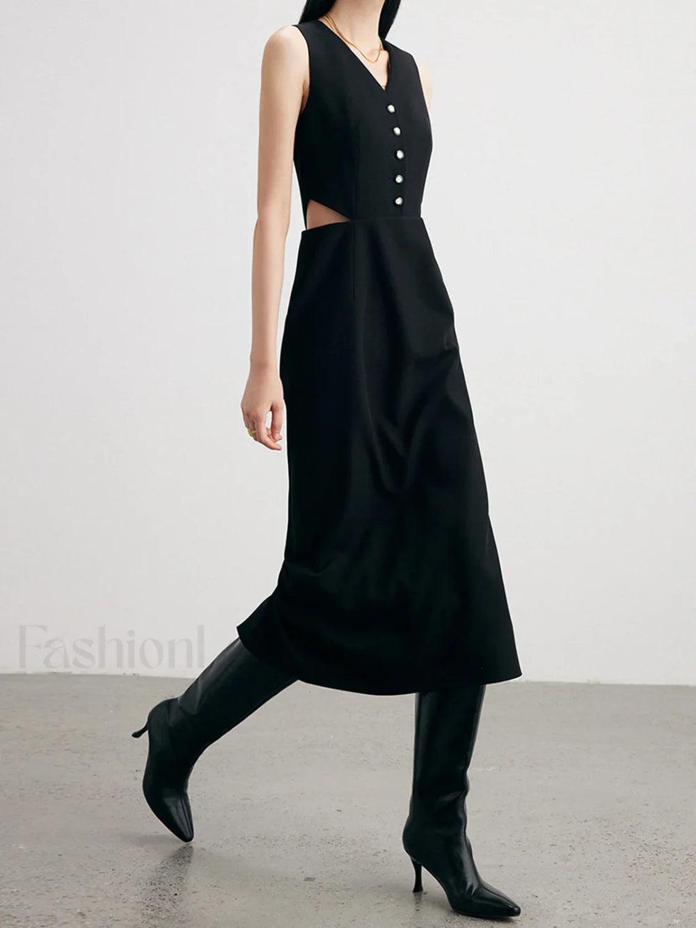 Solid Cut Out Trendy Buttoned Midi Vest Dress Dresses