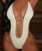 Solid Deep V Halter Hollow One Piece Khaki / S