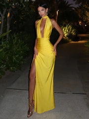 Solid Deep V Halter Maxi Dress