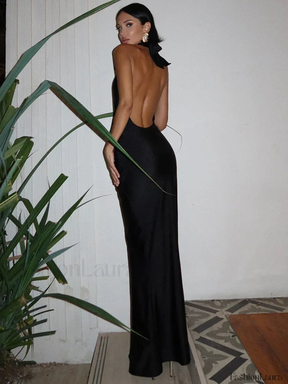 Solid Deep V Halter Maxi Dress