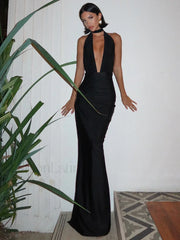 Solid Deep V Halter Maxi Dress Black / S
