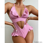Solid Deep V Ruffle Hollow One Piece