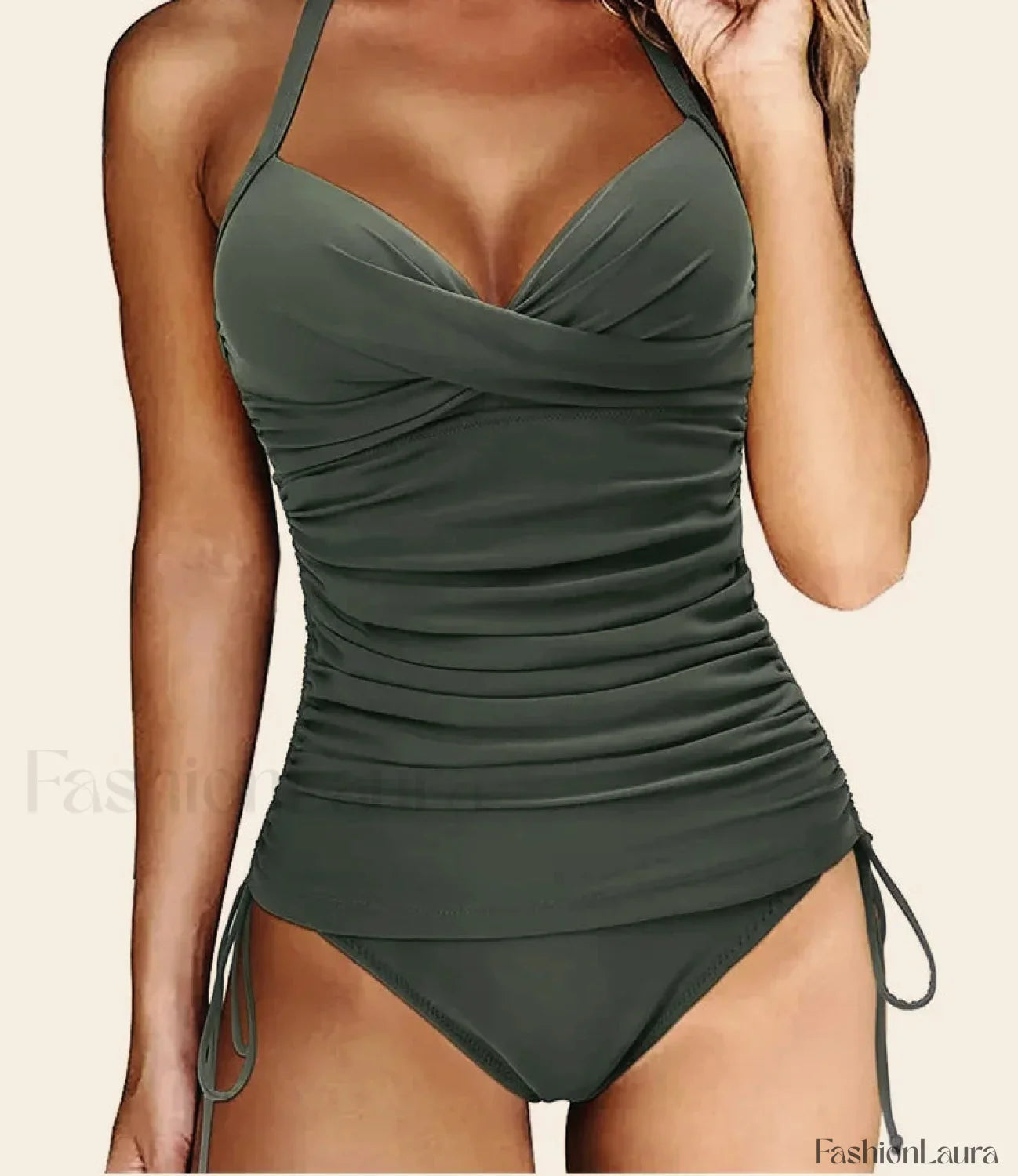 Solid Drawstring Cross Backless One Piece army green / S