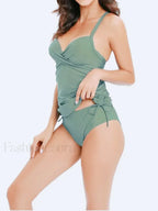 Solid Drawstring Cross Backless One Piece green print / S