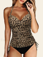 Solid Drawstring Cross Backless One Piece leopard / S