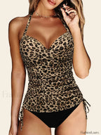 Solid Drawstring Cross Backless One Piece leopard / S