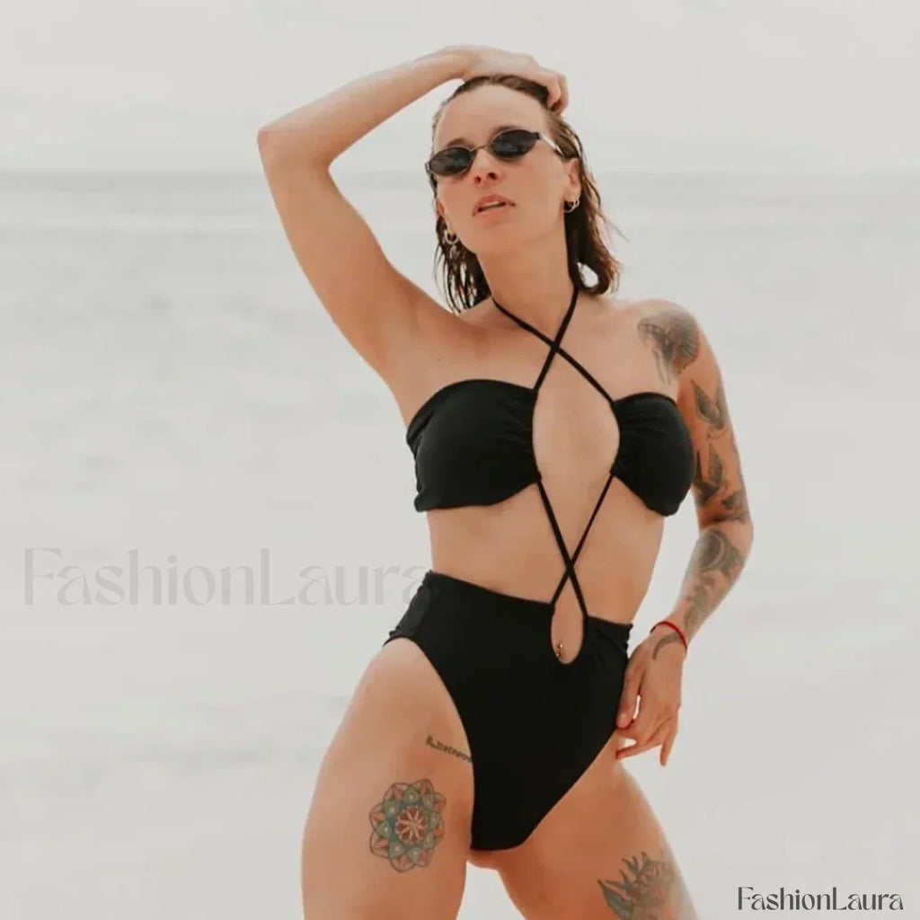 Solid Flowers Strap Backless One Piece black4 / S