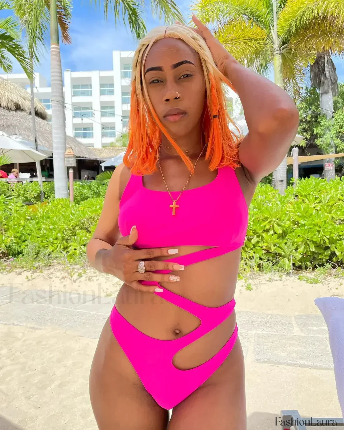 Solid Flowers Strap Backless One Piece pink1 / S