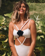 Solid Flowers Strap Backless One Piece white1 / S