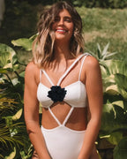 Solid Flowers Strap Backless One Piece white1 / S