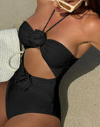 Solid Halter Hollow Push One Piece Black / S