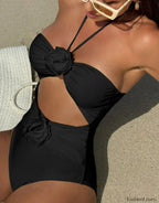 Solid Halter Hollow Push One Piece Black / S