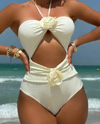 Solid Halter Hollow Push One Piece White / S