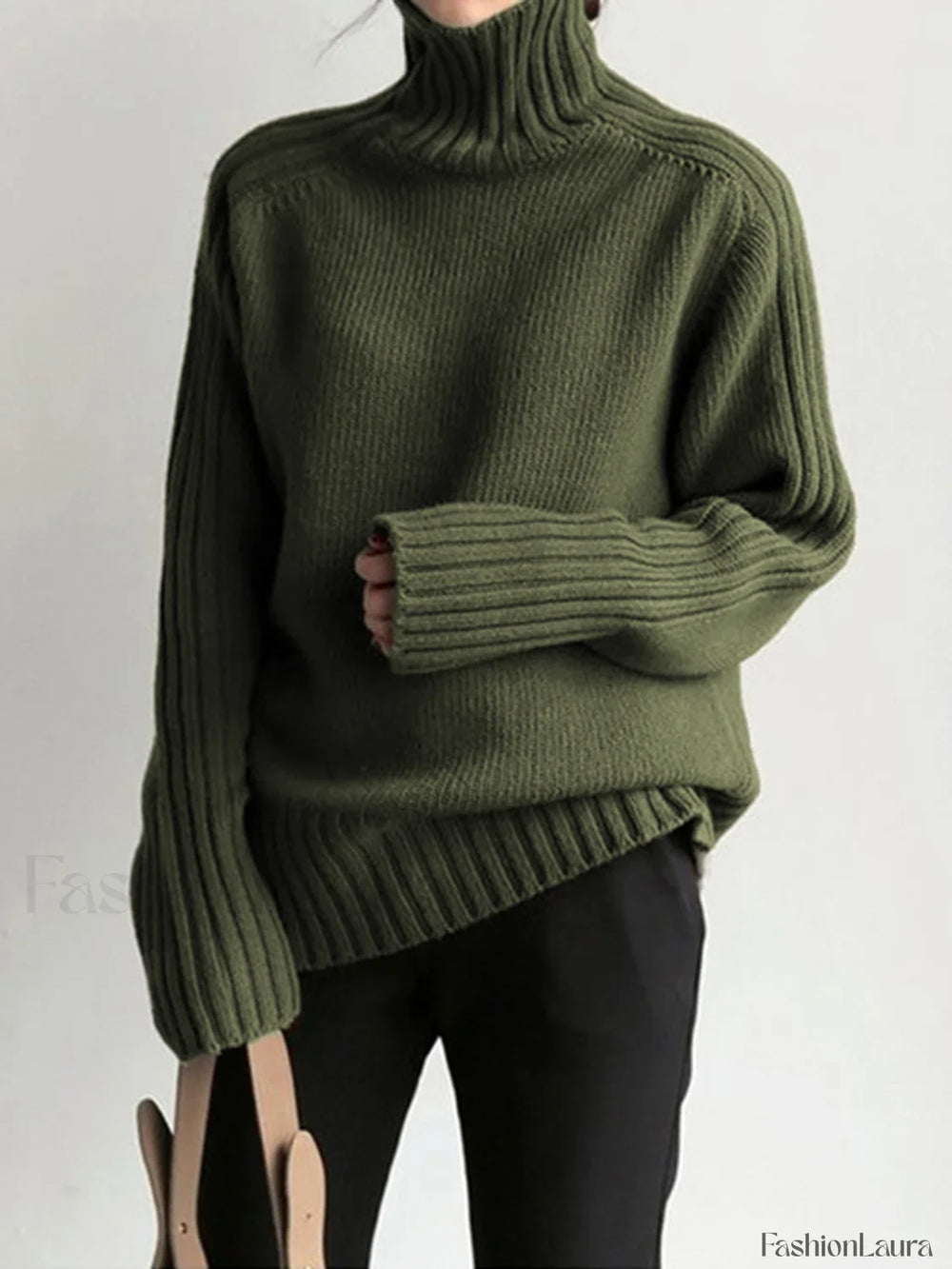 Solid High Graceful Neck Knit Sweater ArmyGreen / XS Sweaters L