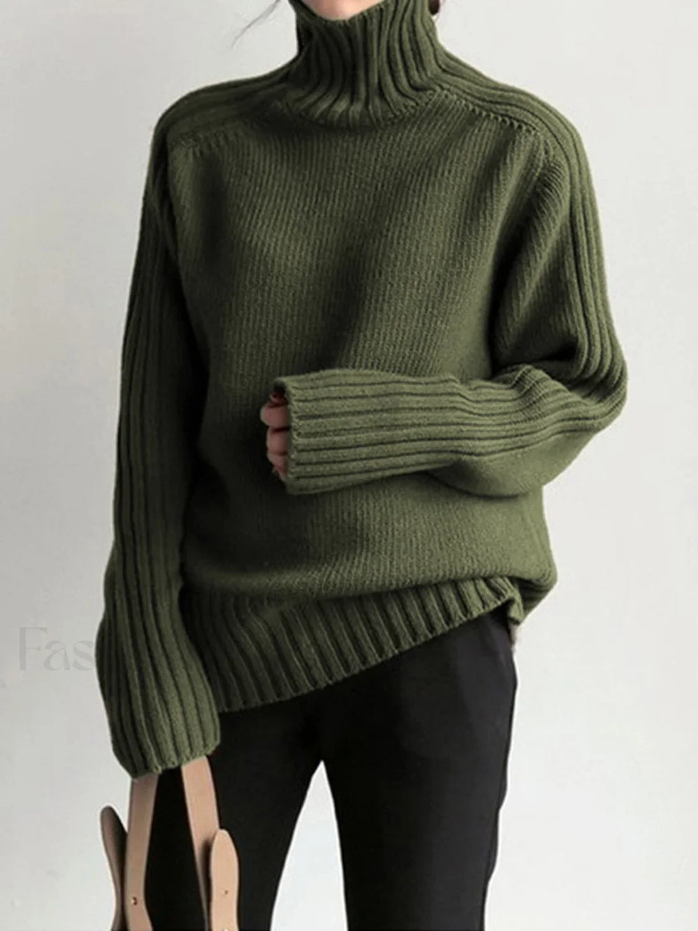 Solid High Graceful Neck Knit Sweater ArmyGreen / XS Sweaters L
