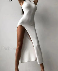 Solid High Neck Midi Dress