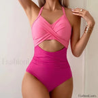 Solid Hollow Out Lace Up One Piece Pink / S