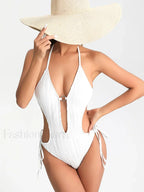Solid Lace Up Hollow Out One Piece White / S