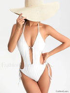 Solid Lace Up Hollow Out One Piece White / S