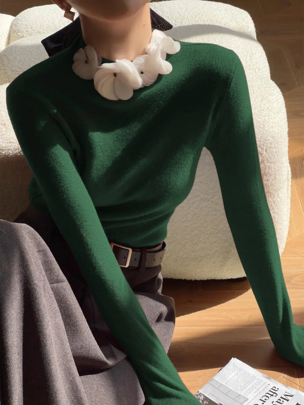 Solid Long Sleeve Floral Knit Top Green / XS Knit Tops