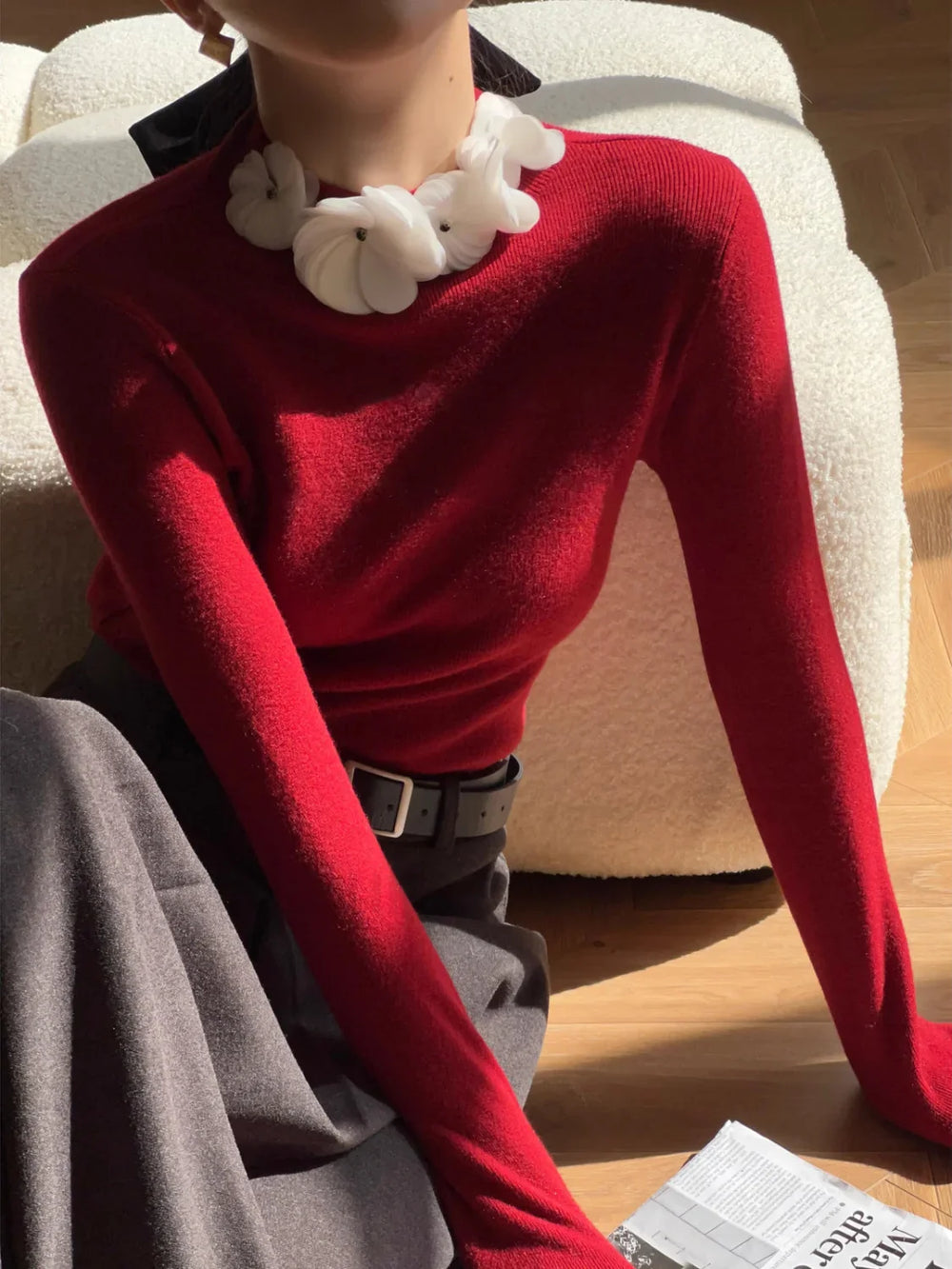 Solid Long Sleeve Floral Knit Top Red / XS Knit Tops