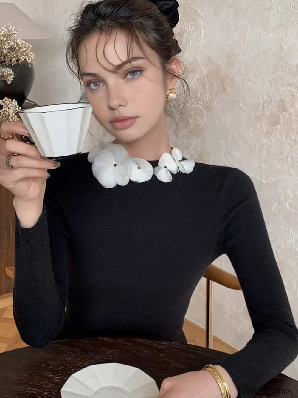 Solid Long Sleeve Floral Knit Top Knit Tops