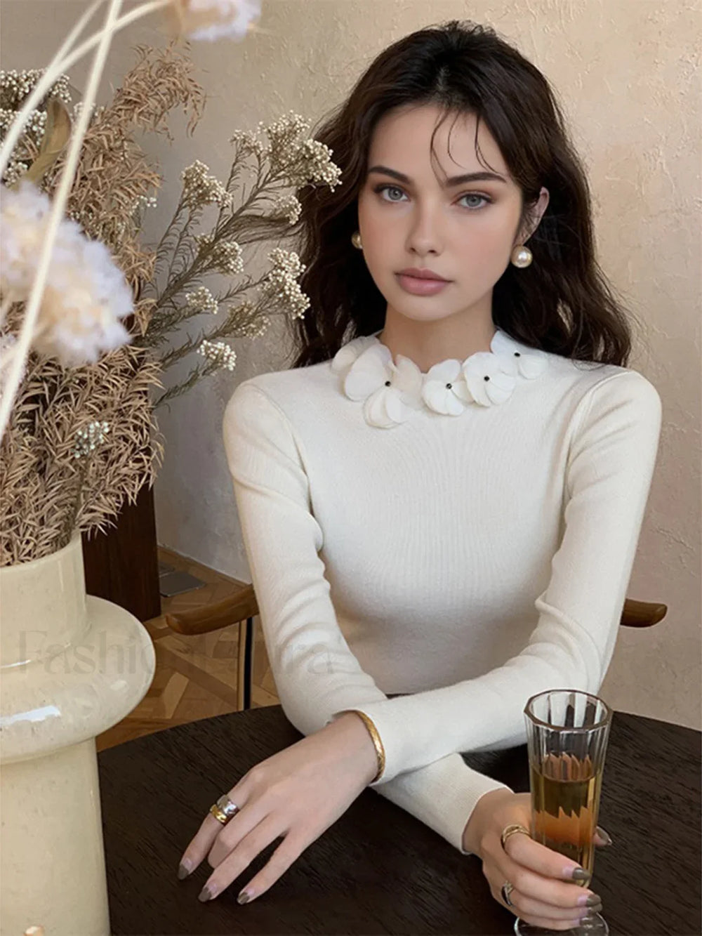 Solid Long Sleeve Floral Knit Top White / XS Knit Tops