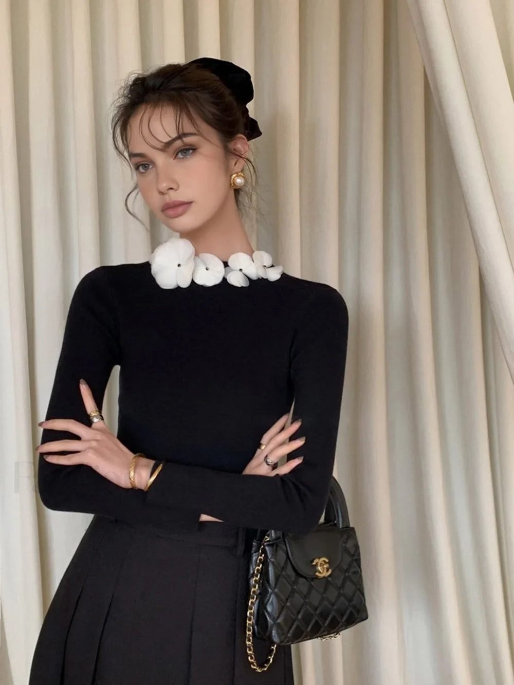 Solid Long Sleeve Trendy Floral Knit Top Sweaters L