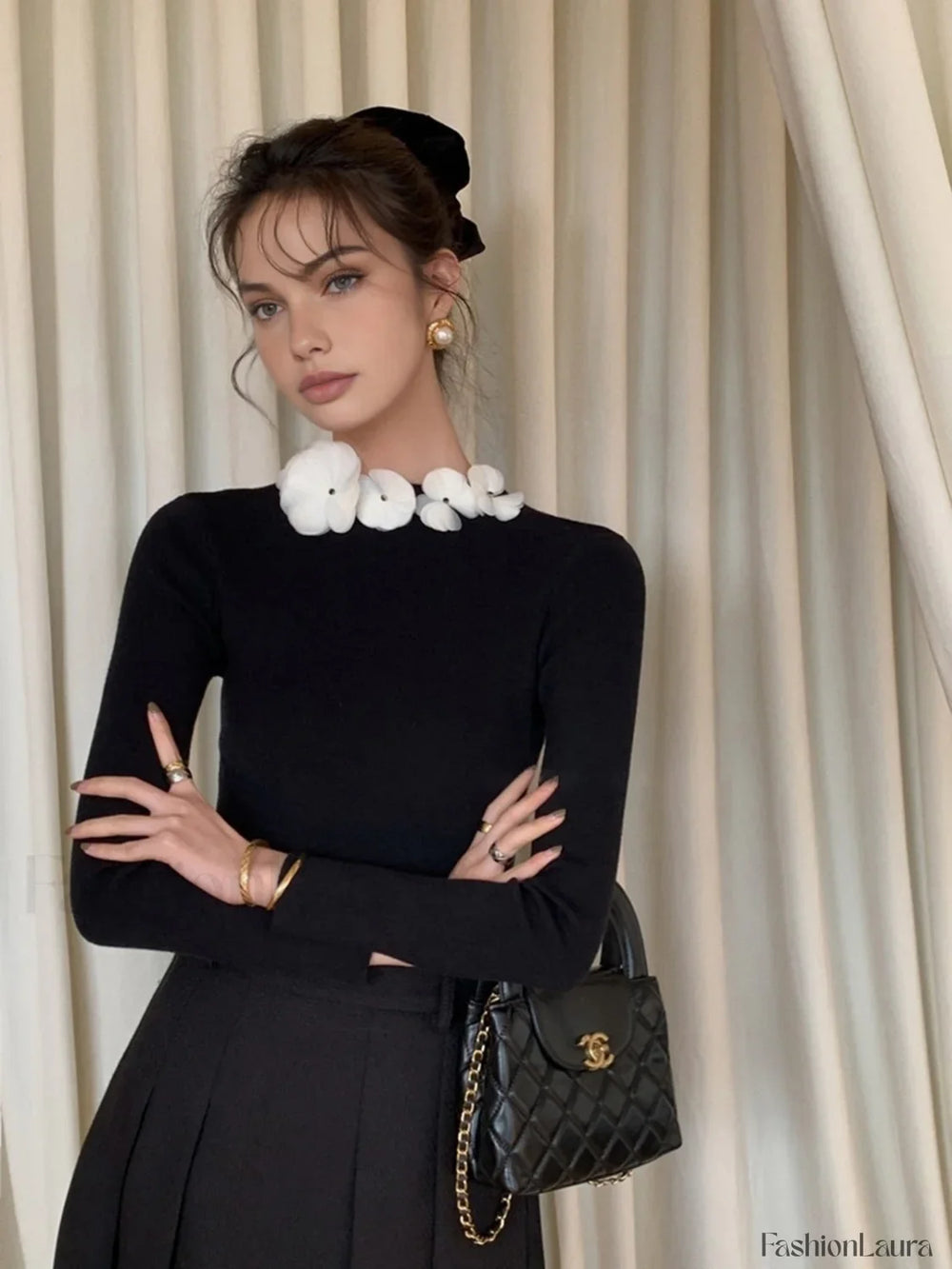 Solid Long Sleeve Trendy Floral Knit Top Sweaters L