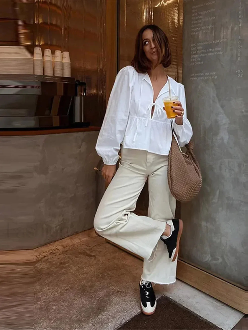 Solid Long White Office Top Blouse