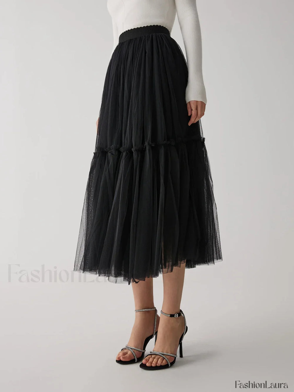 Solid Mesh Graceful Midi Skirt Skirts