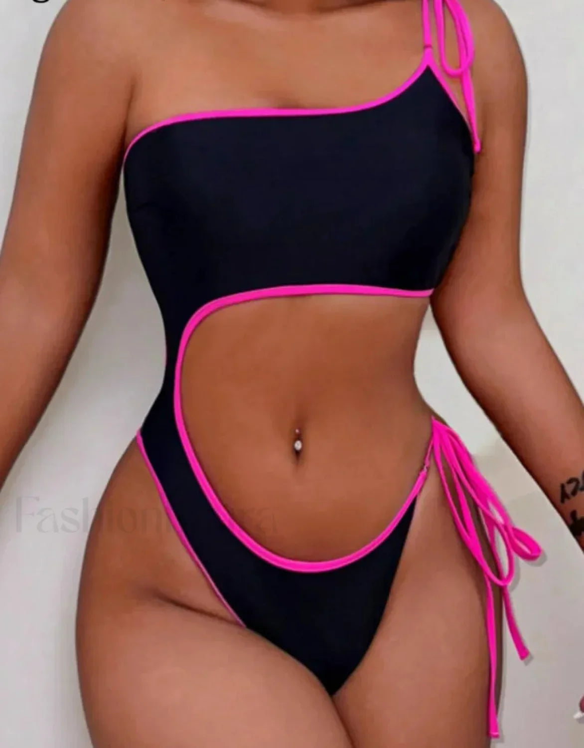 Solid One Shoulder Hollow Backless One Piece Black / S