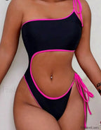 Solid One Shoulder Hollow Backless One Piece Black / S