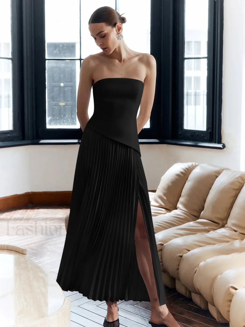 Solid Pleated Strapless Split Dress Black / XS Dresses