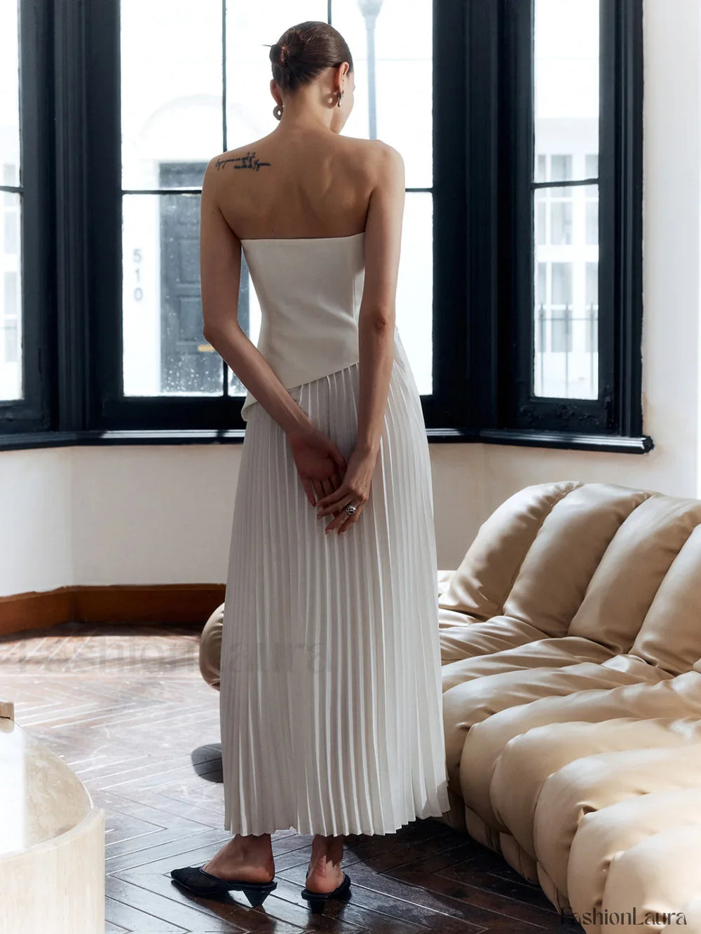 Solid Pleated Strapless Split Dress Dresses