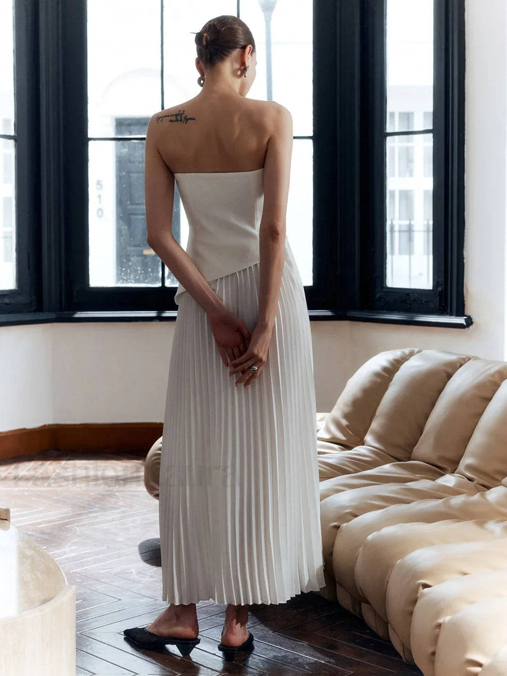 Solid Pleated Strapless Split Dress Dresses