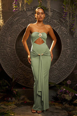 Solid Pleated Tube Top Bodycon Maxi Dress Green / S