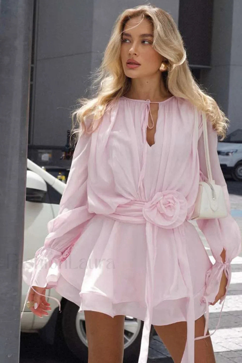 Solid Round Neck Tie Floral Bell Sleeve Bodycon Mini Dress