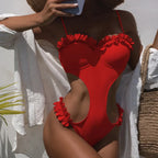 Solid Ruffle Thong Push Up One Piece