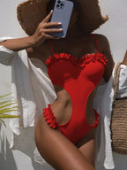 Solid Ruffle Thong Push Up One Piece red swimsuit / S