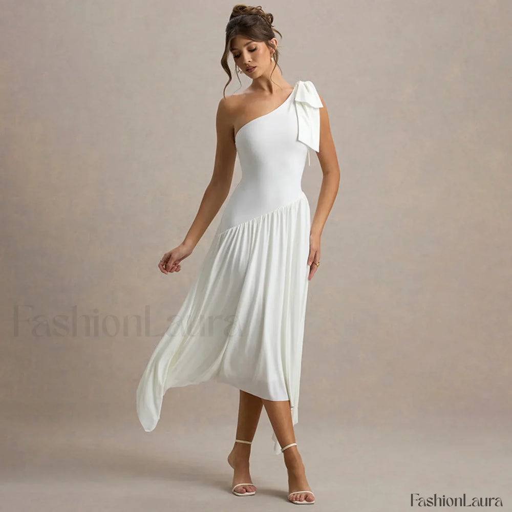 Solid Sleeveless One Shoulder Maxi Dress White / S