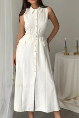 Solid Sleeveless Pearl Buckle Slim Split Maxi Dress