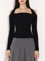 Solid Square Graceful Neck Off Shoulder Top T Shirts