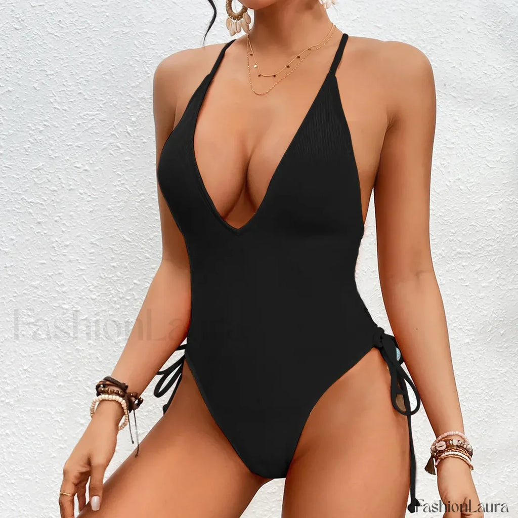 Solid Strapped Cross Push One Piece Black / S