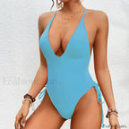 Solid Strapped Cross Push One Piece Blue / S