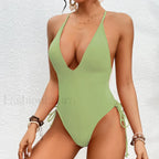 Solid Strapped Cross Push One Piece Green / S