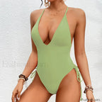 Solid Strapped Cross Push One Piece Green / S